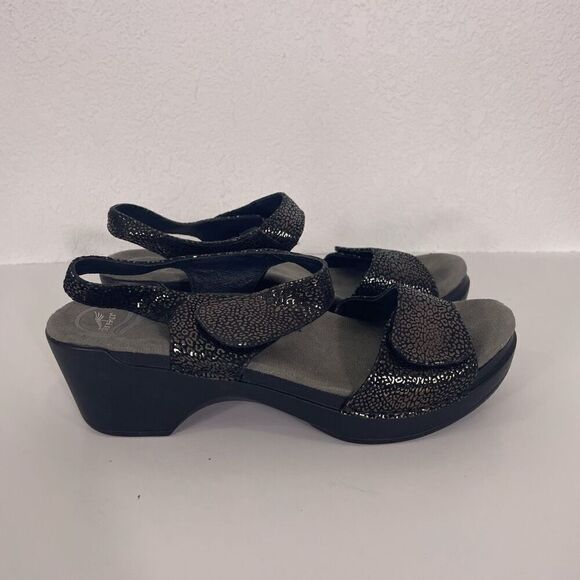 Dansko Black with Silver Animal Print Clog Heeled Sandals - Picture 1 of 8